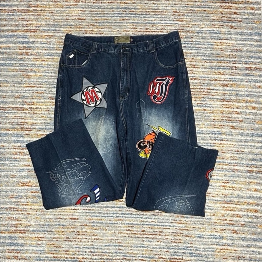 Vintage All Over Print Basketball Patchwork Jeans